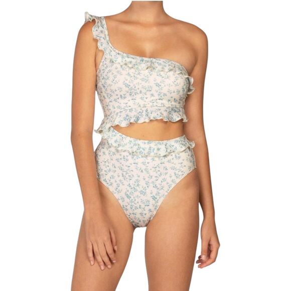 Peony Swimwear Other - Peony Renaissance Ruffle One Piece Swimsuit AU8 S Blue Cream Floral Print Cutout